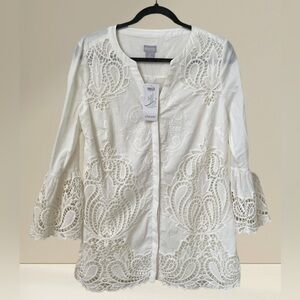 NWT Chicos Cotton Lace Flare Sleeve Peasant Button Down Blouse Womens Size 0